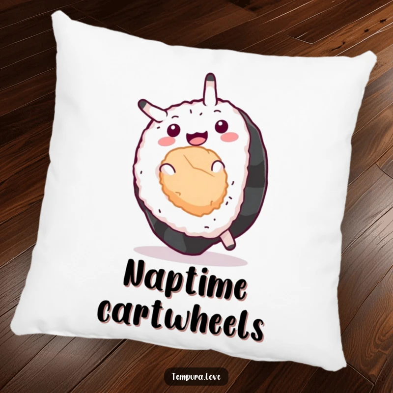 Funny Sushi Pillow featuring a happy sushi roll in mid-somersault, offering plush comfort and a splash of playful, food-themed humor.