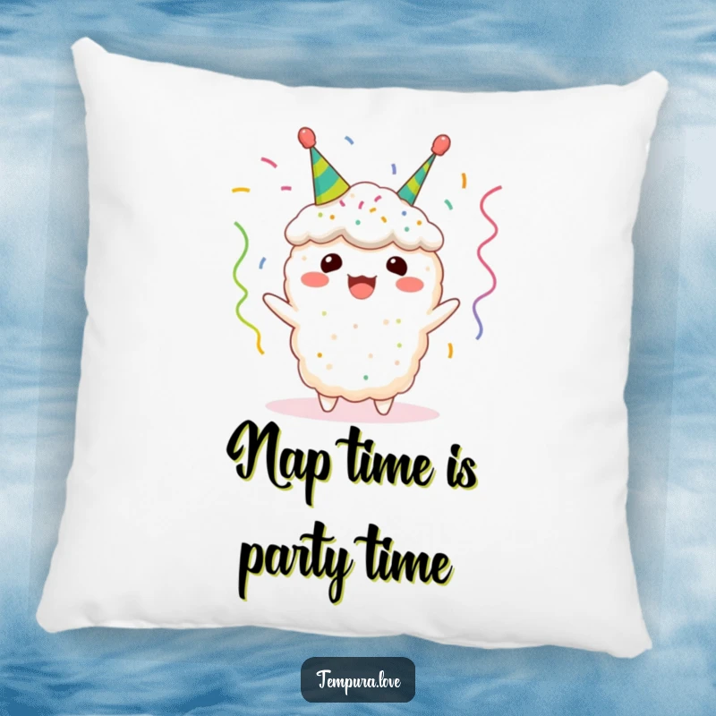 Funny tempura pillow depicting a happy fried shrimp character with tiny celebratory streamers, offering a soft and humorous decorative accent.