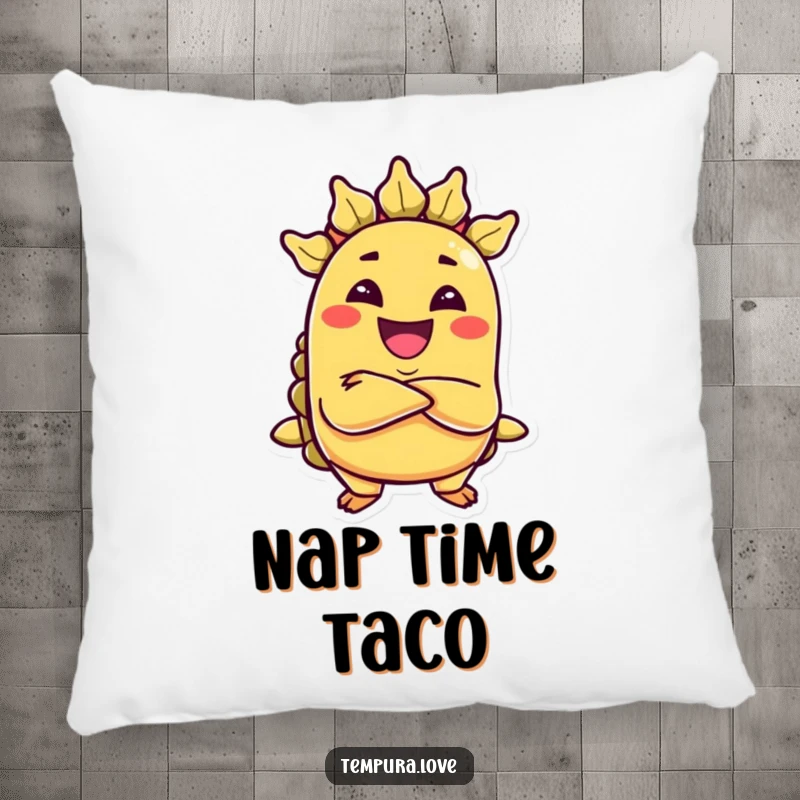 Funny pillow featuring a grinning, anthropomorphic taco with arms crossed, looking mischievous and soft.