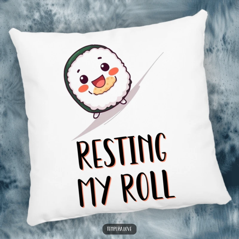 Funny pillow featuring a cute sushi roll with a wide grin joyfully rolling downhill, soft and huggable.