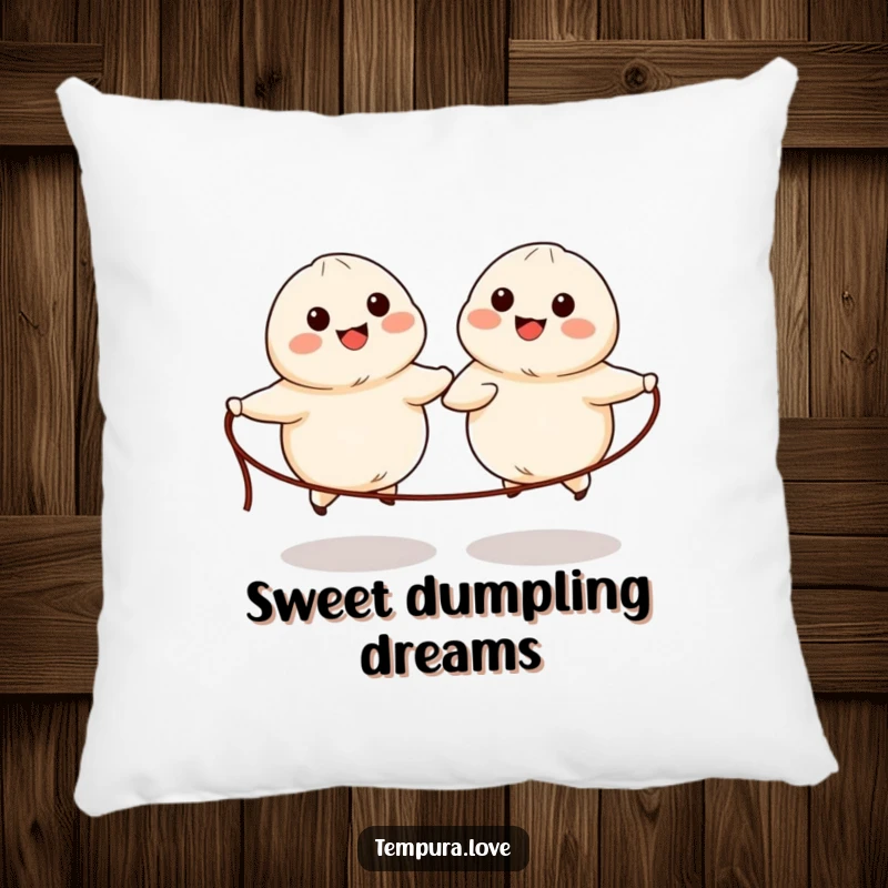 Funny pillow featuring two adorable, anthropomorphic dumplings with simple eyes and mouths happily skipping rope, soft and huggable.