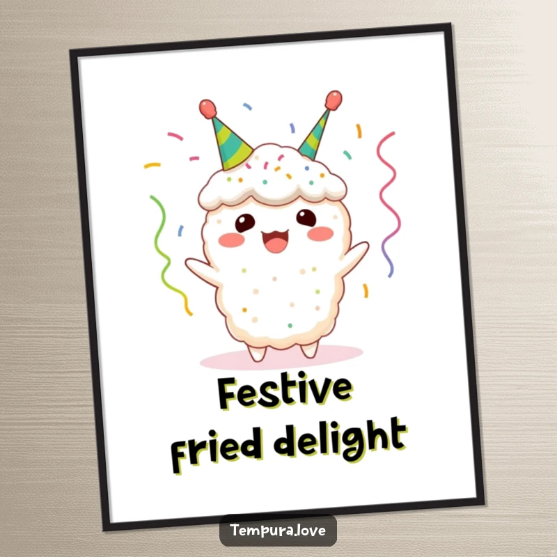 Funny tempura digital art print of a happy fried shrimp character wearing tiny celebratory streamers, ideal for adding a cheerful and humorous vibe.