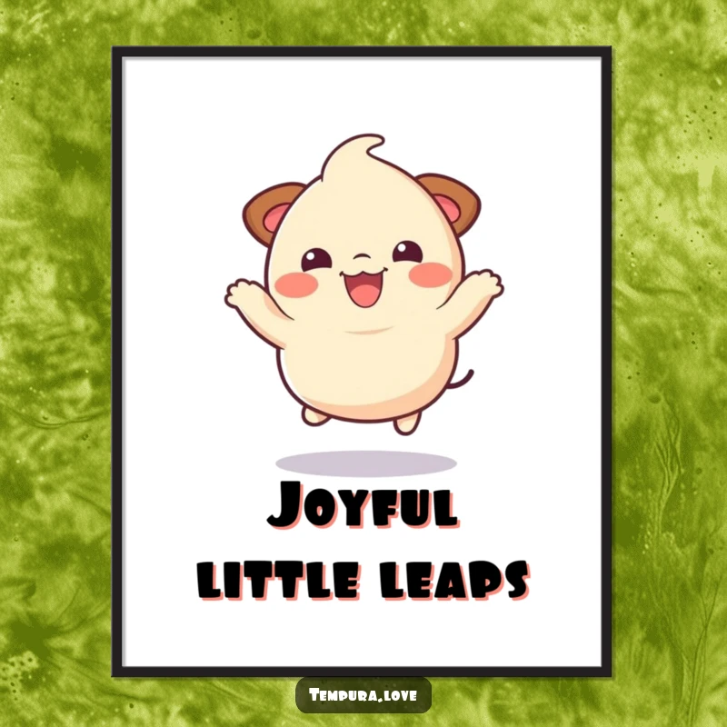 Funny bouncy dumpling character joyfully jumping, a humorous and vibrant digital art print.