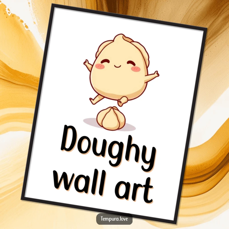 Funny digital art print of a playful gyoza with tiny feet, kicking a small ball of dough, dynamic and fun.