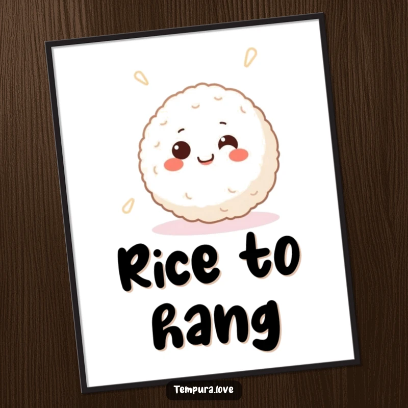 Funny digital art print of a smiling Japanese rice ball with happy eyes, happily spinning, vibrant and cheerful.
