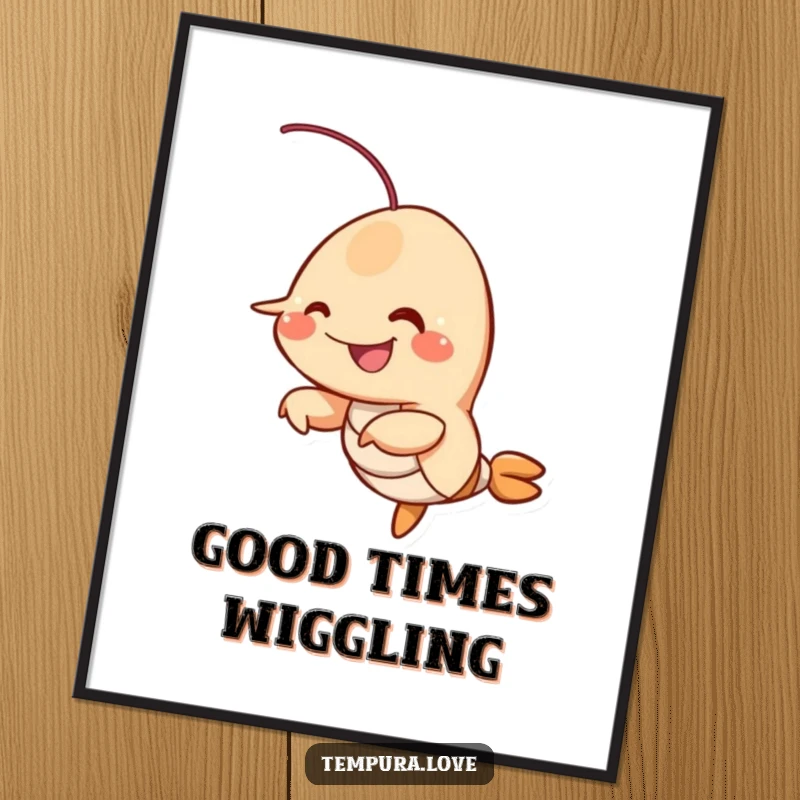 Funny fried shrimp character smiling and wiggling its appendages, a humorous and vibrant digital art print.
