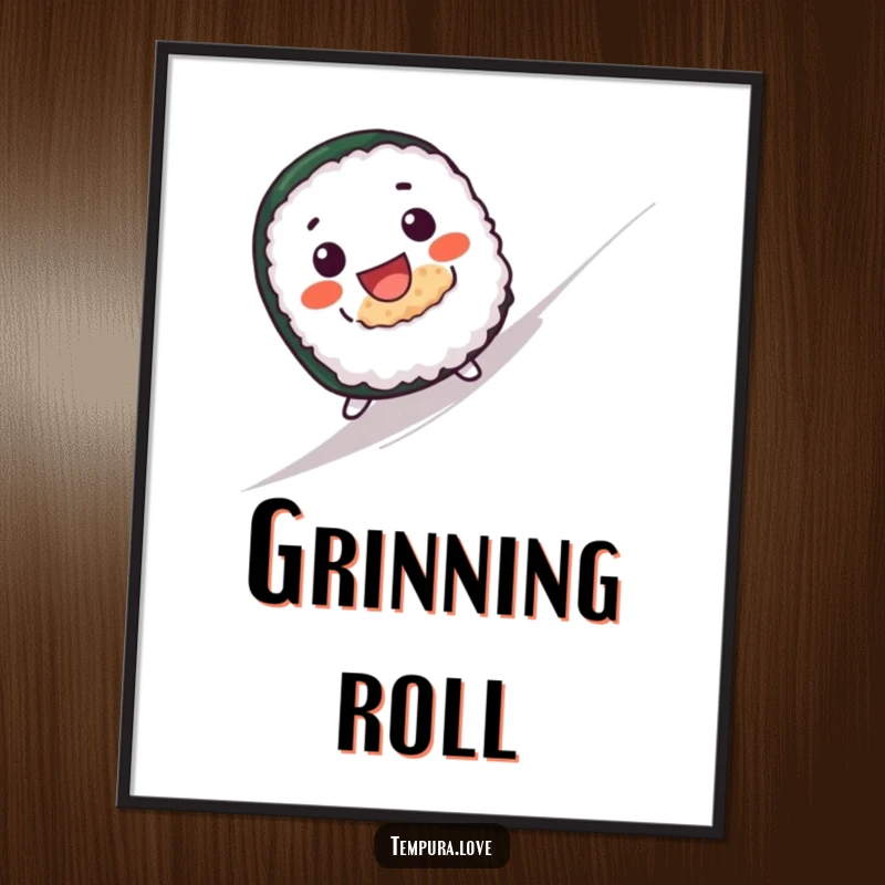 Funny digital art print of a cute sushi roll with an excited, wide grin joyfully rolling down a hill.