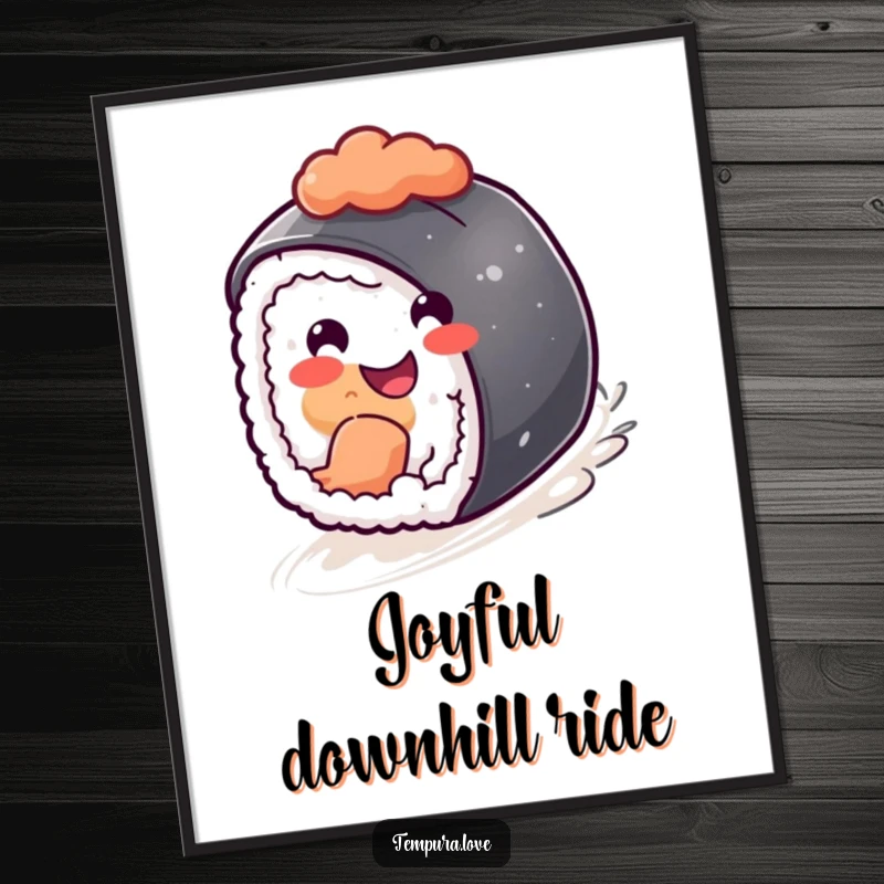 Funny happy sushi piece rolling downhill with a cheerful grin, a humorous and vibrant digital art print.
