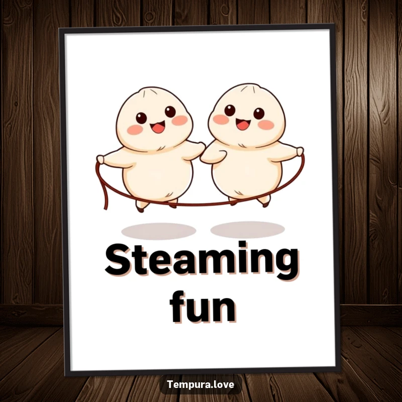 Funny digital art print of two cute, anthropomorphic dumplings with simple eyes and mouths gleefully skipping rope.
