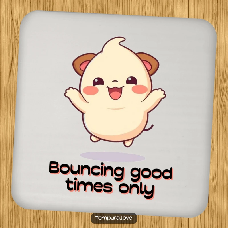 Funny bouncy dumpling character jumping with a joyful expression, a humorous and protective drink coaster.