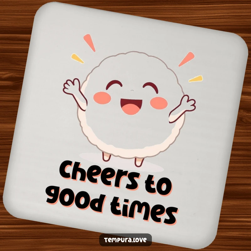 Funny rice ball coaster featuring a round, smiling character enthusiastically cheering, offering a cheerful and protective surface for drinks.