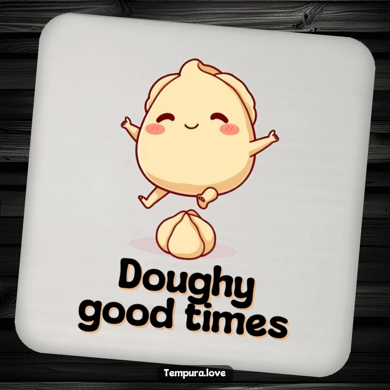 Funny drink coaster featuring a playful gyoza with tiny feet, kicking a small ball of dough, for surface protection.