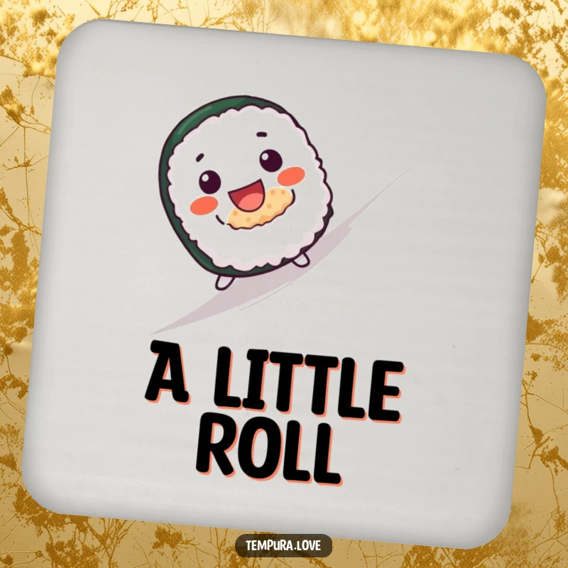 Funny drink coaster with a cute sushi roll character with a wide grin joyfully rolling down a hill.