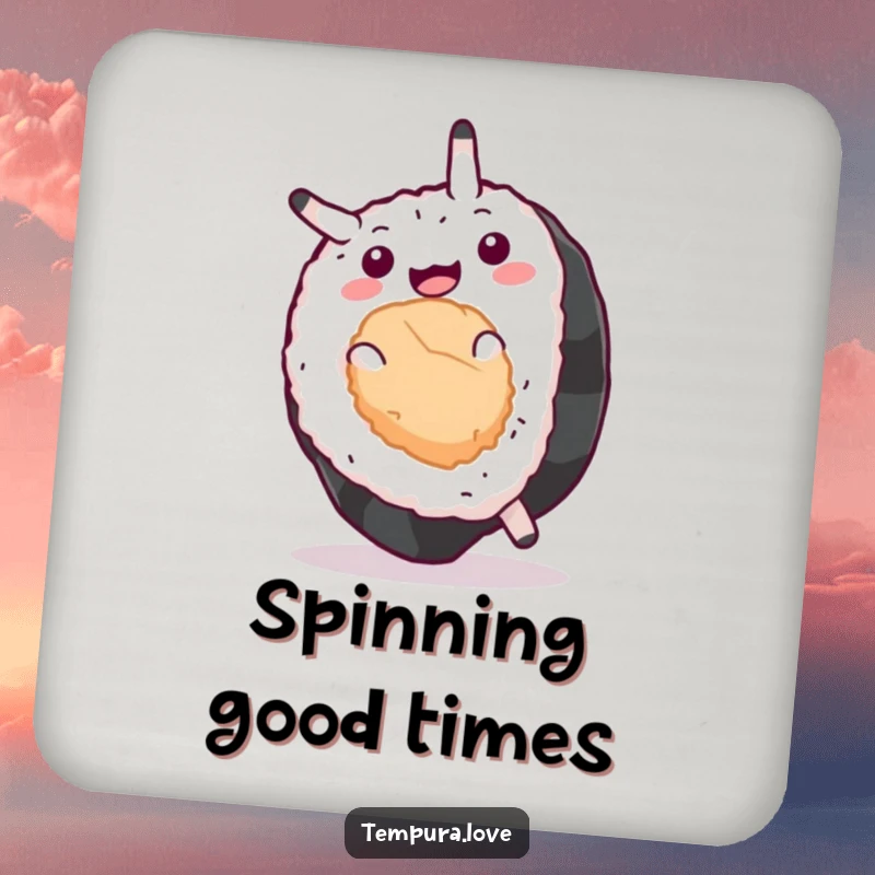 Funny Sushi Coaster depicting a sushi roll performing a lively somersault, adding a humorous touch to drink placement.