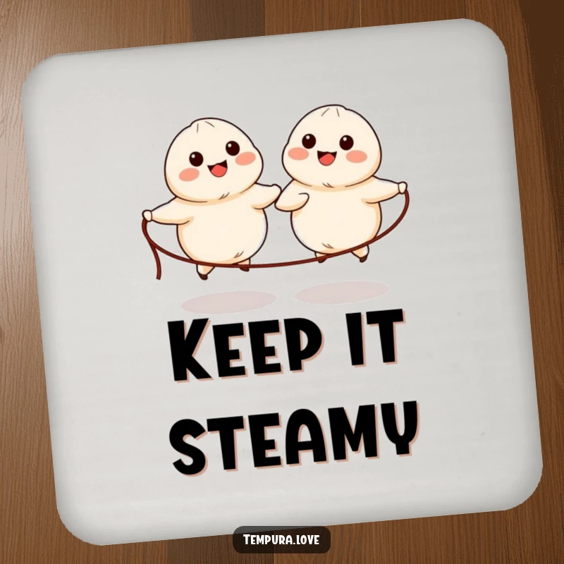 Funny drink coaster with two cute, anthropomorphic dumplings with simple eyes and mouths happily skipping rope.