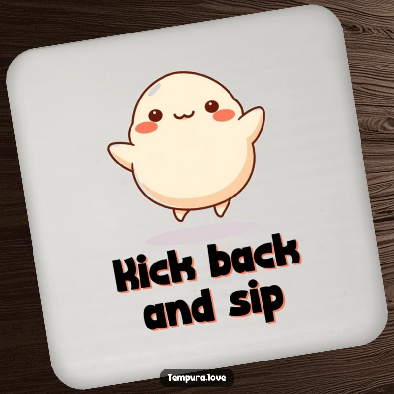 Funny Dumpling Coaster depicting a stylized dumpling joyfully kicking its legs, adding a humorous touch to drink placement.
