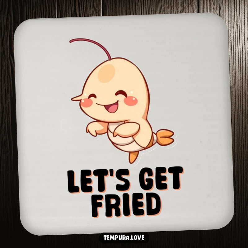 Funny smiling fried shrimp character wiggling its appendages, a humorous and protective drink coaster.