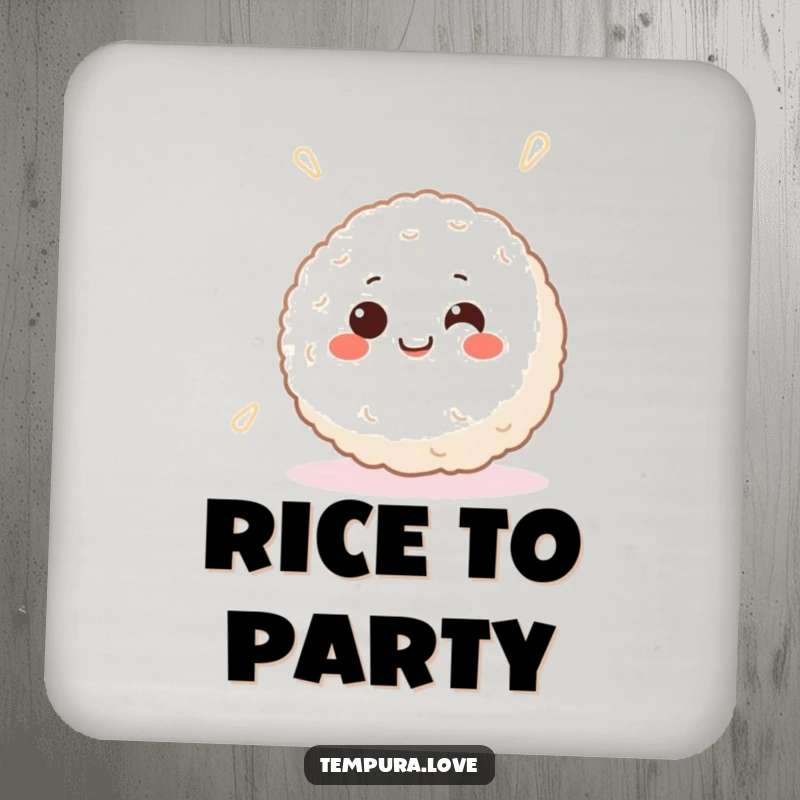 Funny drink coaster featuring a smiling Japanese rice ball with happy eyes, happily spinning, for surface protection.