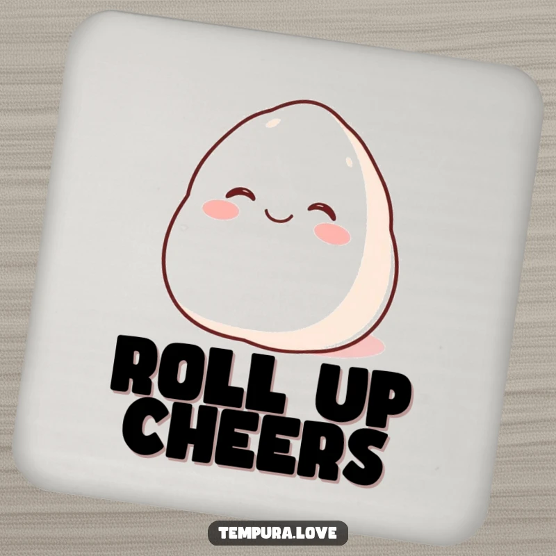 Funny Happy Mochi Coaster featuring a plump cartoon mochi rolling with glee, perfect for humorous surface protection.
