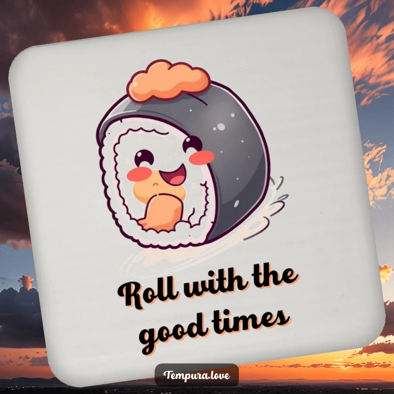 Funny happy sushi piece rolling downhill with a cheerful grin, a humorous and protective drink coaster.