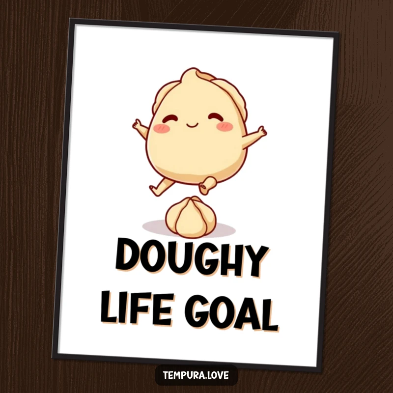 Funny poster art featuring a playful gyoza with tiny feet, kicking a small ball of dough, a humorous kitchen accent.