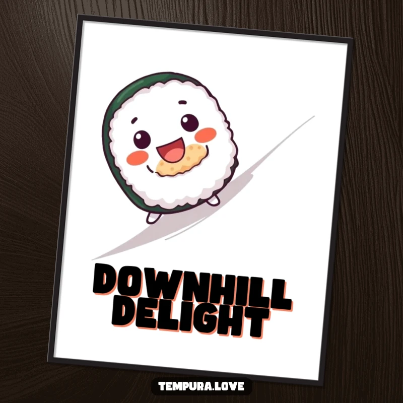 Funny poster artwork of a cute sushi roll with an excited, wide grin joyfully rolling down a slope.