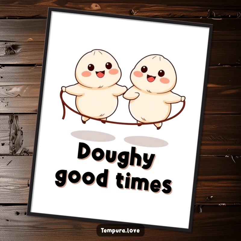 Funny poster artwork of two cute, anthropomorphic dumplings with simple features gleefully skipping rope together.