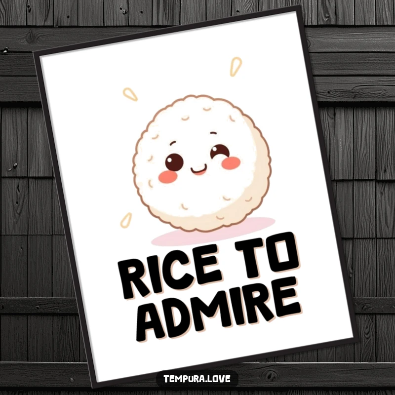 Funny poster art of a smiling Japanese rice ball with happy eyes, happily spinning, vibrant and cheerful.