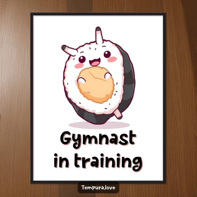 Funny Sushi Poster displaying a delighted sushi piece mid-somersault, capturing movement and merriment for vibrant wall decor.