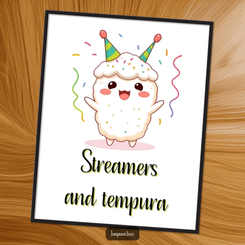 Funny tempura poster featuring a brightly colored fried shrimp character wreathed in tiny celebratory streamers, offering a whimsical and joyful visual.