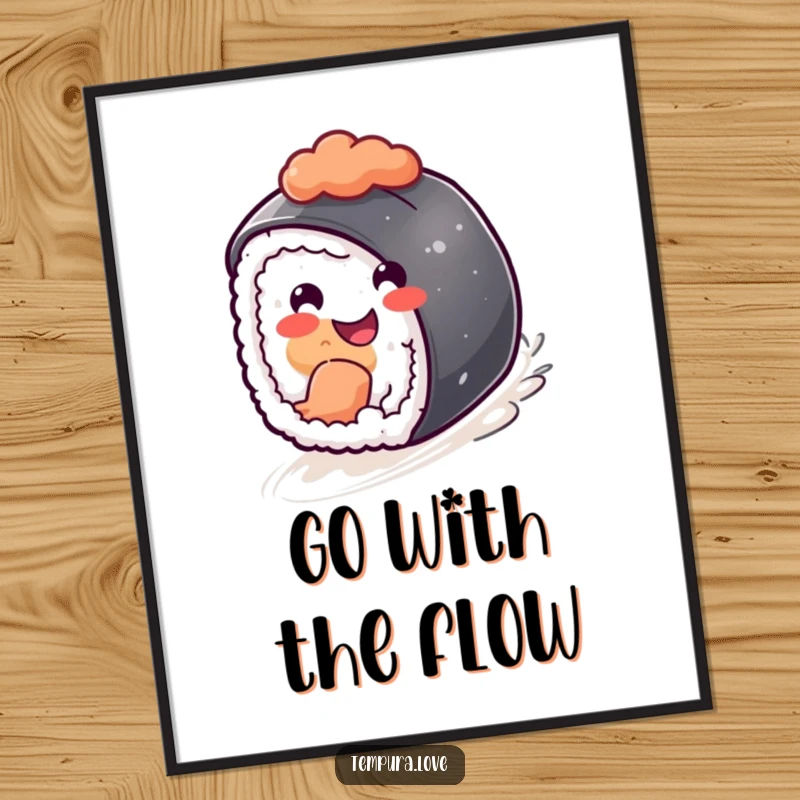 Funny happy sushi piece cheerfully rolling downhill with a wide grin, a humorous and vibrant art print.
