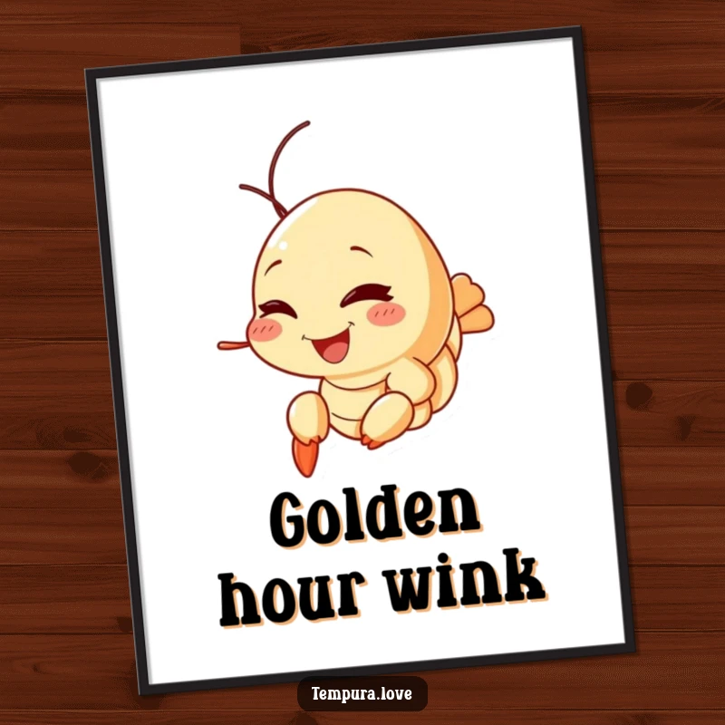 Funny Tempura Shrimp Poster displaying a cheerful shrimp winking playfully, perfect for adding a dose of fun to wall decor.