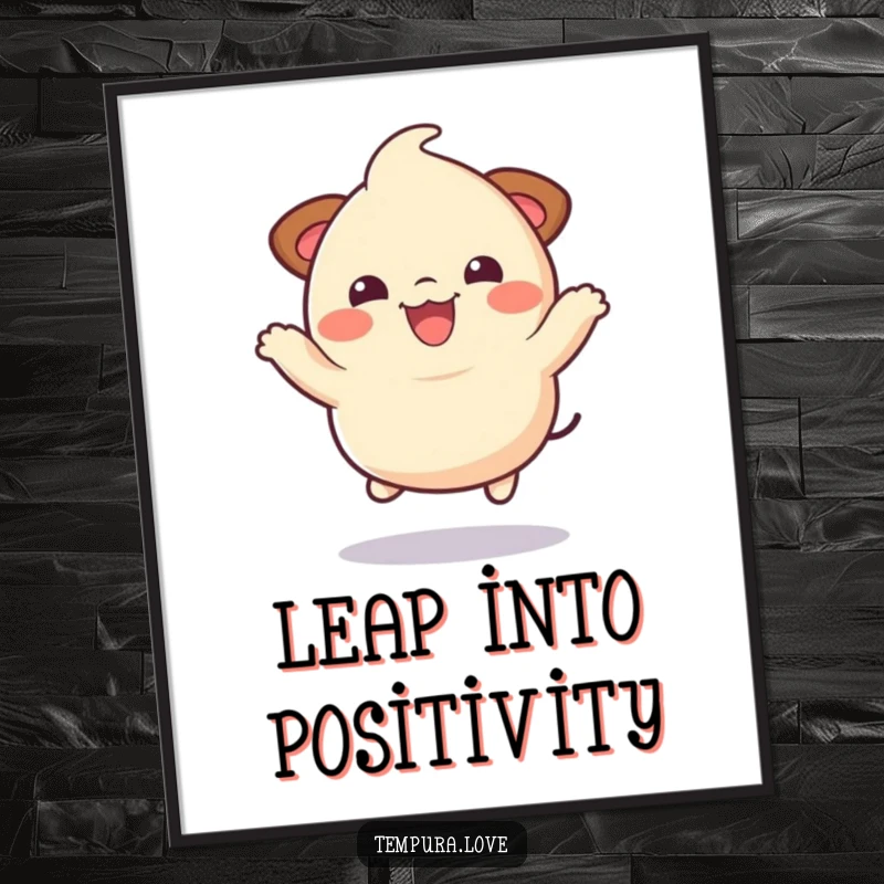 Funny bouncy dumpling character captured mid-jump with a joyful expression, a humorous and vibrant art print.