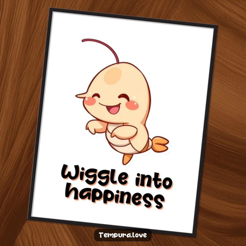 Funny smiling fried shrimp character enthusiastically wiggling its appendages, a humorous and vibrant art print.