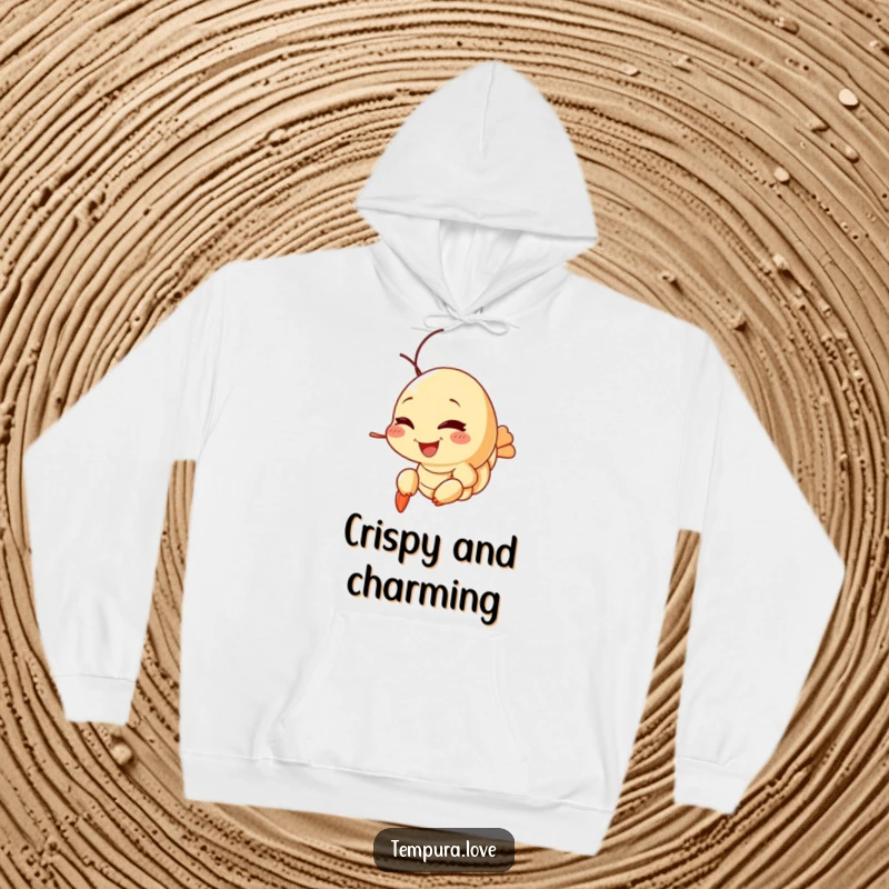 Funny Tempura Shrimp Hoodie illustrating a happy shrimp with a playful wink, perfect for cozying up with a touch of humor.