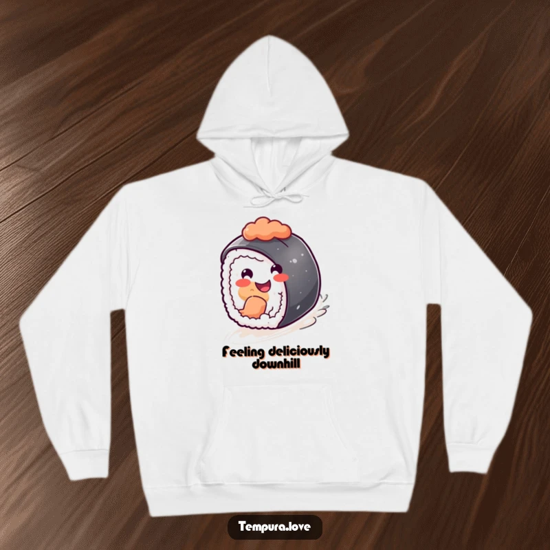 Funny happy sushi character rolling downhill with a joyful expression, a comfortable humorous hoodie.