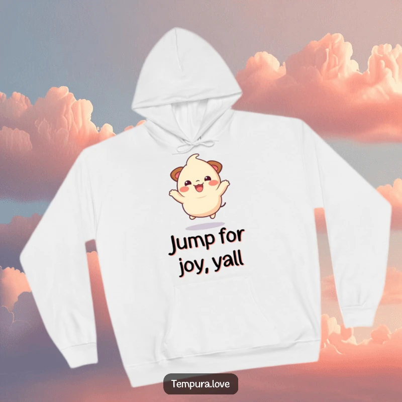 Funny bouncy dumpling character mid-jump with a happy expression, a comfortable humorous hoodie.