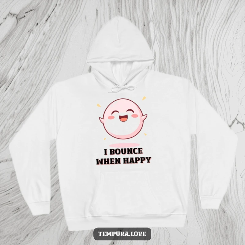 Funny Mochi Ball Hoodie illustrating a happy mochi ball bouncing with laughter, perfect for cozying up with a touch of sweet humor.