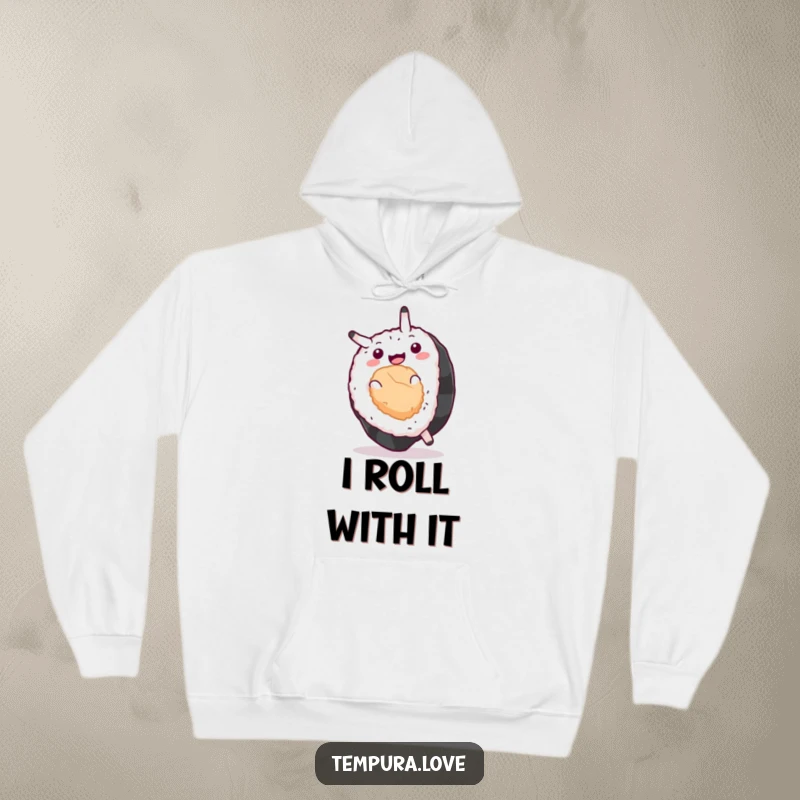 Funny Sushi Hoodie illustrating a joyful sushi roll executing a dynamic somersault, embodying fun, fitness, and fantastic flavor.