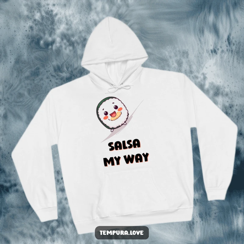 Funny hoodie featuring a cute sushi roll with a wide grin joyfully rolling downhill, perfect for cozy, fun moments.