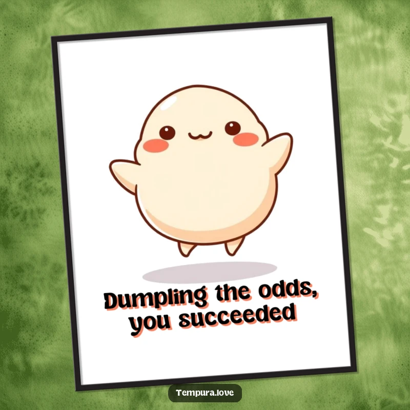 Funny Free Printable Wall Art featuring a stylized dumpling with tiny legs kicking cheerfully, an energetic and cute piece of downloadable decor.