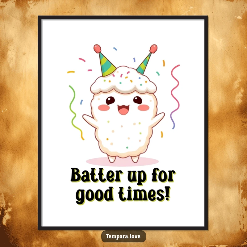 Funny Free Printable Wall Art: A cheerful Tempura piece wearing tiny celebratory streamers, bringing joy to any room