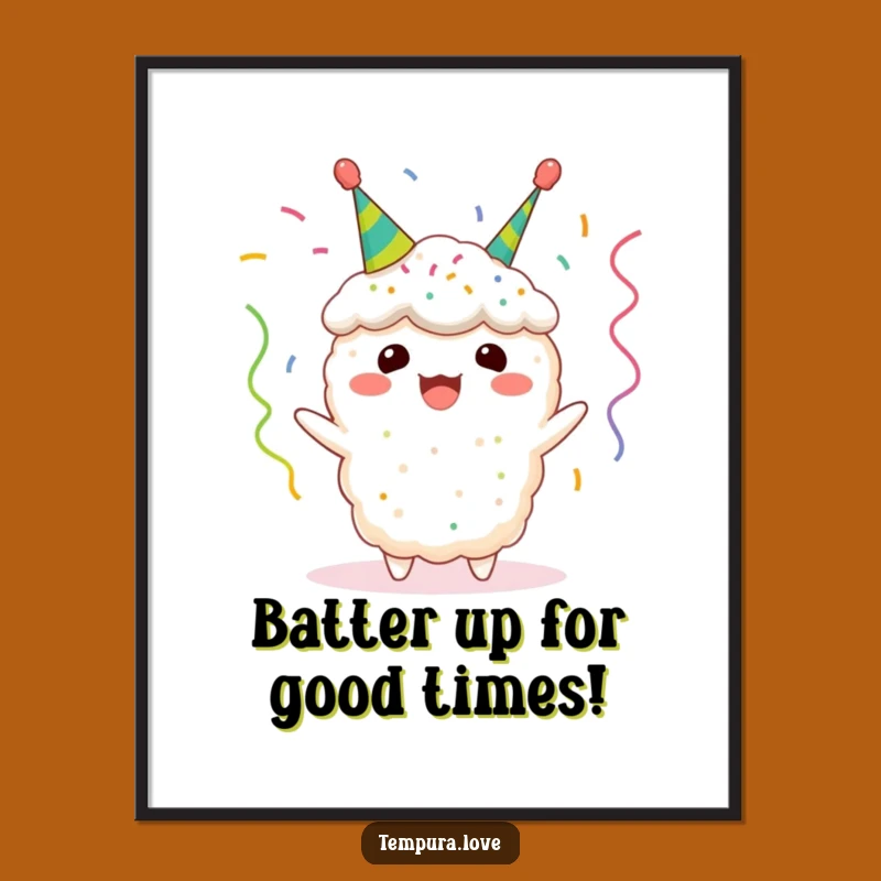 Funny Free Printable Wall Art: Cheerful Tempura with Streamers, Downloadable Quirky Food Decor