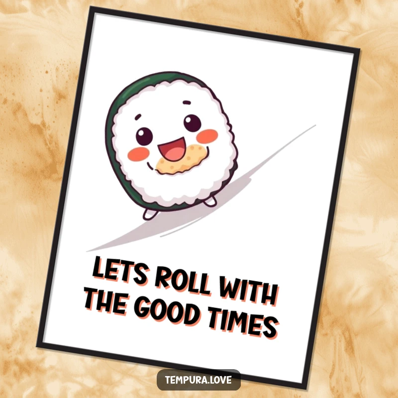 Funny Free Printable Wall Art: A cute sushi roll with a wide grin is joyfully rolling downhill, full of energy.