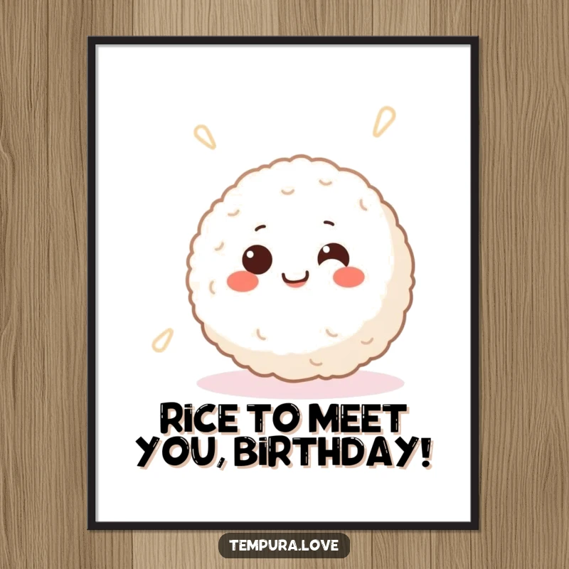 Funny Free Printable Wall Art: A smiling Japanese rice ball with wide happy eyes spins enthusiastically in a playful circle.