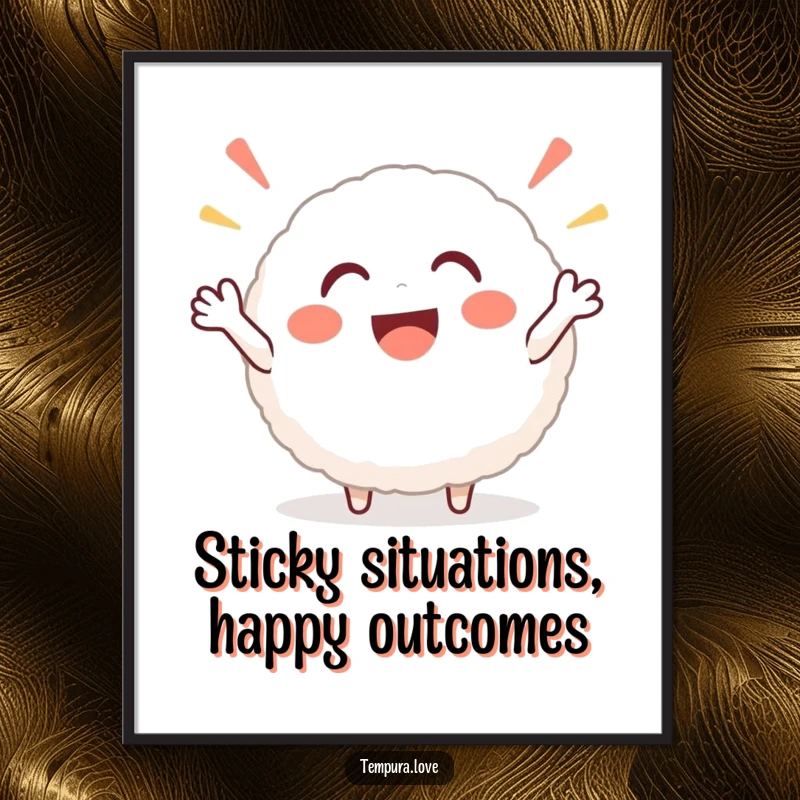 Funny Free Printable Wall Art: A smiling, round rice ball character cheering enthusiastically, bringing positive vibes