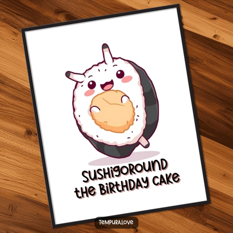 Funny Free Printable Wall Art featuring a cute sushi roll executing a perfect somersault with a joyful expression, a whimsical downloadable piece.