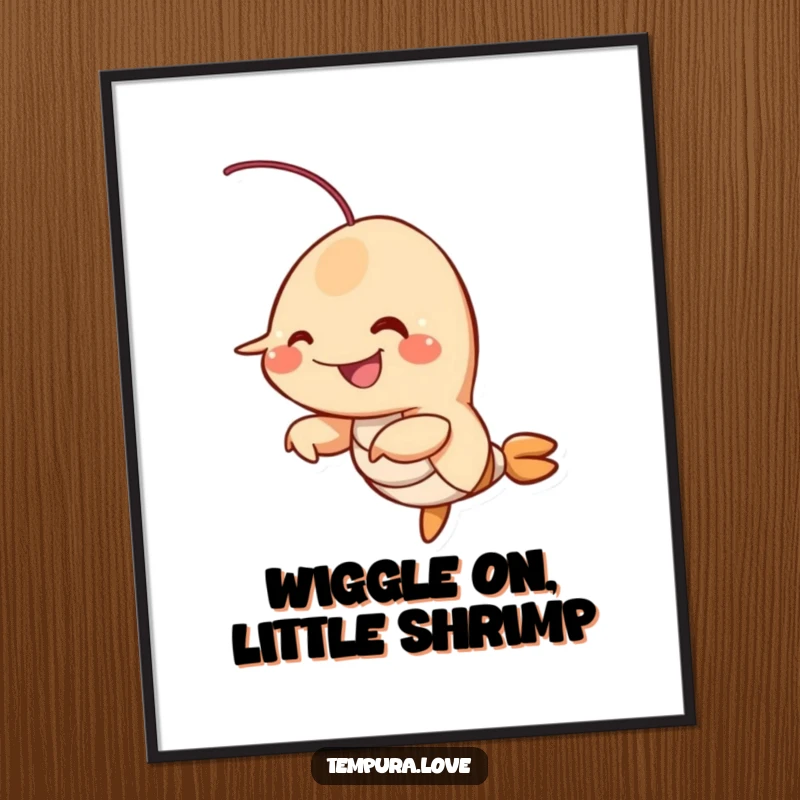 Funny Free Printable Wall Art: A smiling fried shrimp character playfully wiggling its appendages, adding zest.