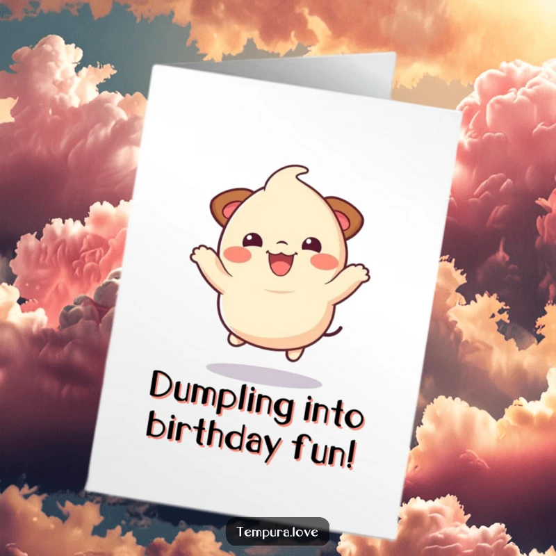 Funny Free Printable Birthday Card: A bouncy dumpling character doing a joyful jump, celebrating a birthday.