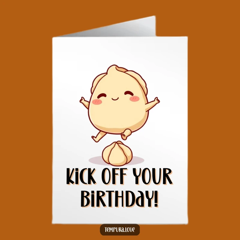 Free Printable Birthday Card: Funny Gyoza Kicking Dough, Downloadable Fun Gift